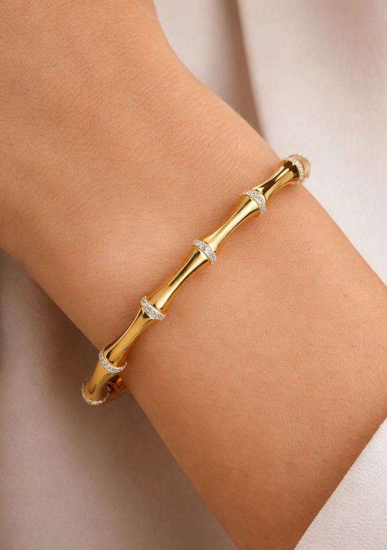 Stainless Steel AD Studded Antique Gold-Plated Bangle-Style Bracelet for Women | Stylish Party & Everyday Wear | Gift for Her - Indya