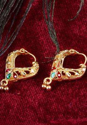 18k Gold-Plated Artificial Stones Studded & Beaded Contemporary Hoop Earrings for Women | Traditional Temple Jewellery for Wedding & Festive Wear | Gift for Her