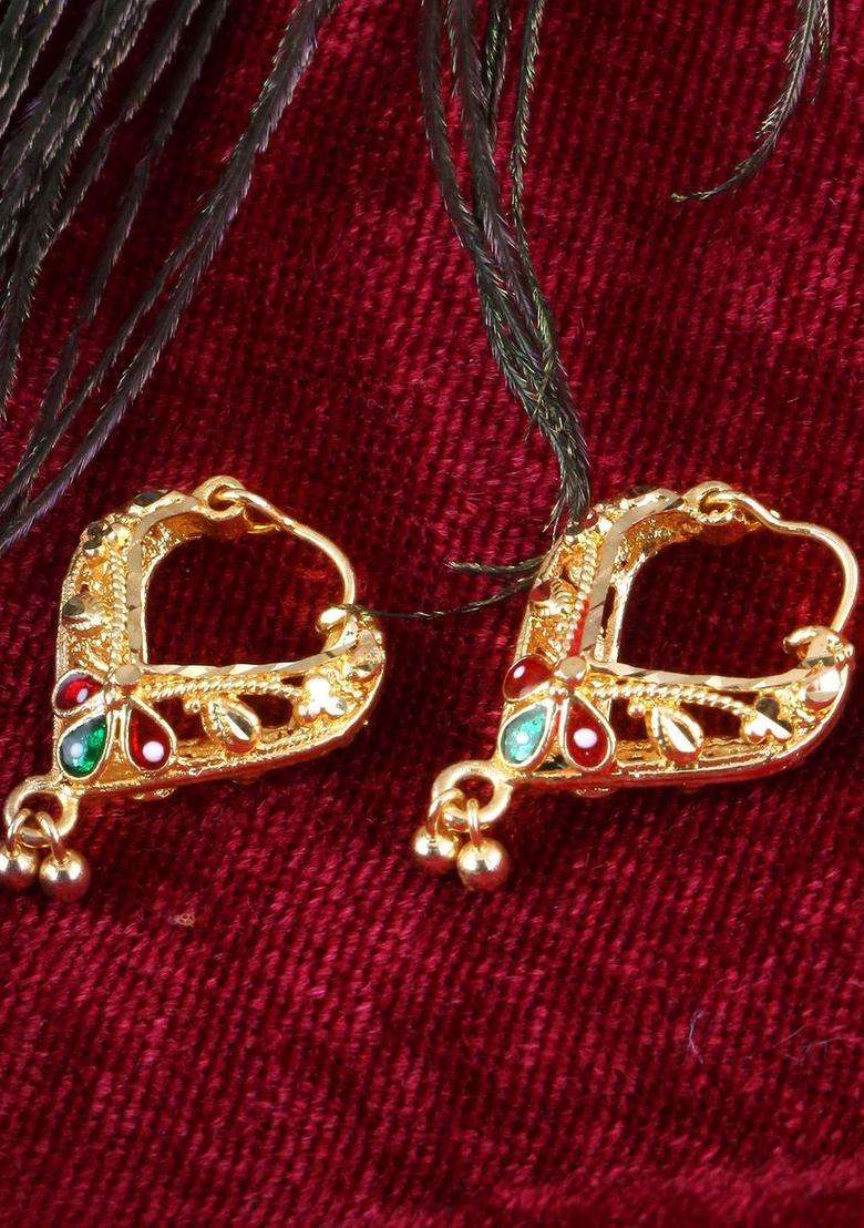 18k Gold-Plated Artificial Stones Studded & Beaded Contemporary Hoop Earrings for Women | Traditional Temple Jewellery for Wedding & Festive Wear | Gift for Her - Indya
