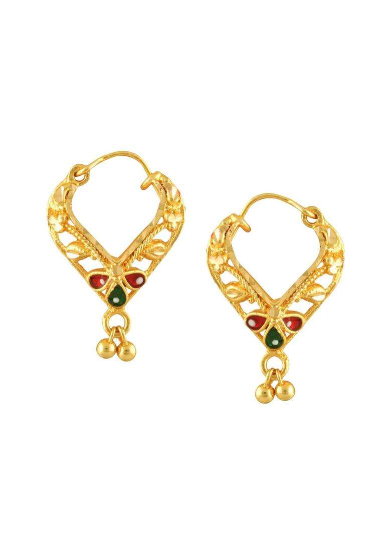 18k Gold-Plated Artificial Stones Studded & Beaded Contemporary Hoop Earrings for Women | Traditional Temple Jewellery for Wedding & Festive Wear | Gift for Her - Indya