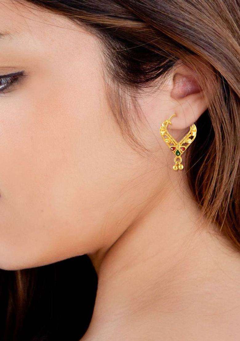18k Gold-Plated Artificial Stones Studded & Beaded Contemporary Hoop Earrings for Women | Traditional Temple Jewellery for Wedding & Festive Wear | Gift for Her - Indya