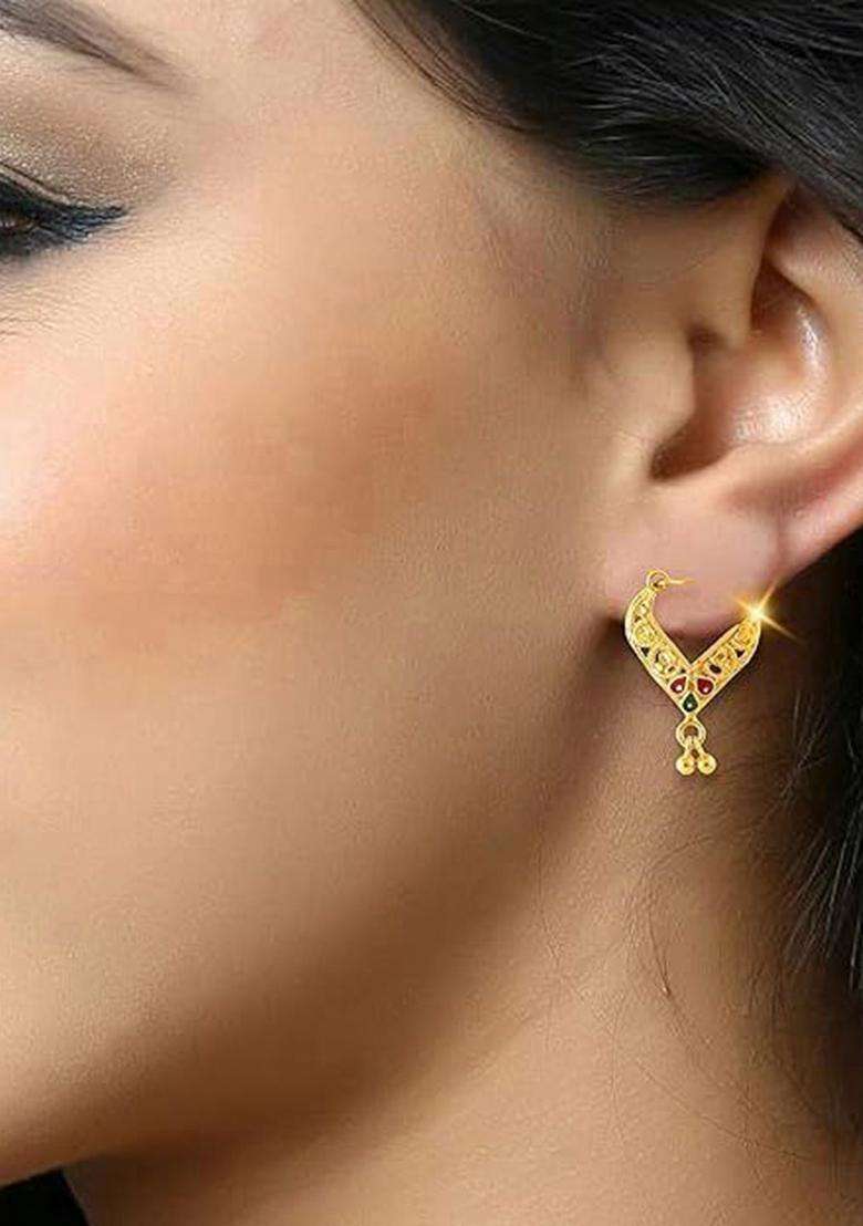 18k Gold-Plated Artificial Stones Studded & Beaded Contemporary Hoop Earrings for Women | Traditional Temple Jewellery for Wedding & Festive Wear | Gift for Her - Indya