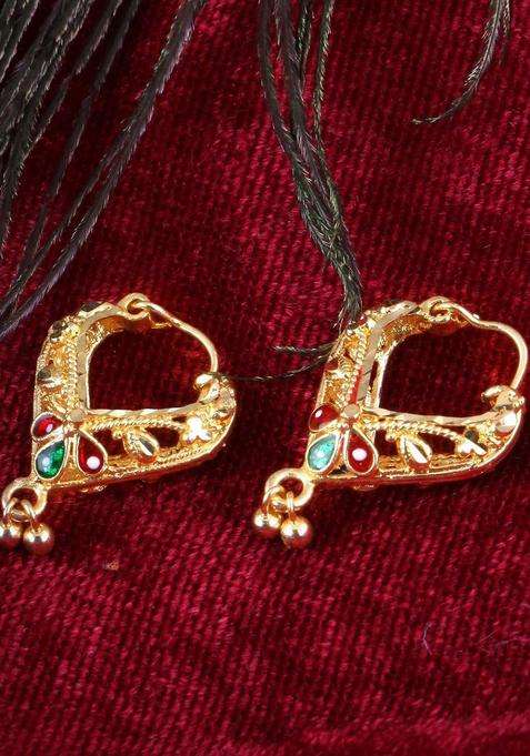 18k Gold-Plated Artificial Stones Studded & Beaded Contemporary Hoop Earrings for Women | Traditional Temple Jewellery for Wedding & Festive Wear | Gift for Her