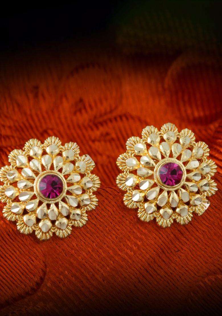 Gold-Plated Artificial Stones Studded Floral Shaped Temple Studs for Women | Traditional Temple Jewellery for Wedding & Festive Wear | Gift for Her - Indya