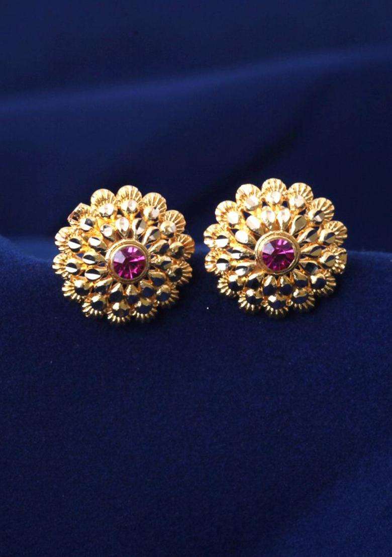 Gold-Plated Artificial Stones Studded Floral Shaped Temple Studs for Women | Traditional Temple Jewellery for Wedding & Festive Wear | Gift for Her - Indya
