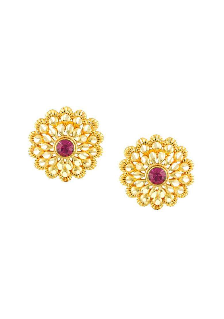 Gold-Plated Artificial Stones Studded Floral Shaped Temple Studs for Women | Traditional Temple Jewellery for Wedding & Festive Wear | Gift for Her - Indya