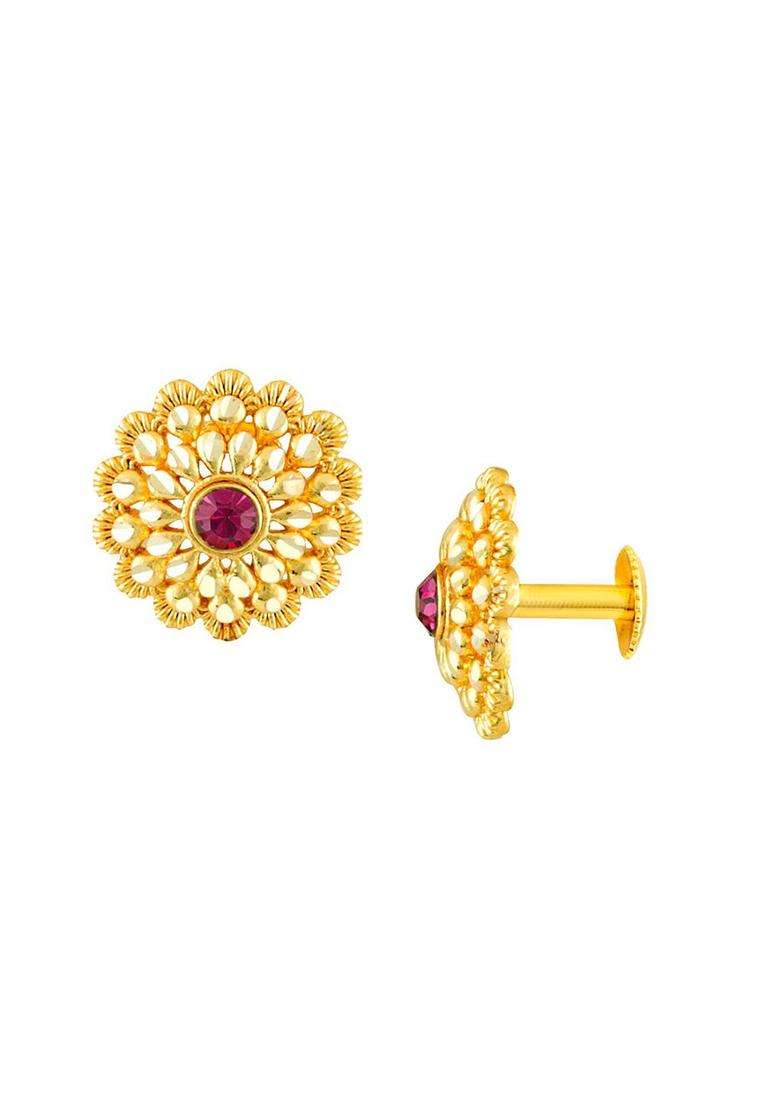 Gold-Plated Artificial Stones Studded Floral Shaped Temple Studs for Women | Traditional Temple Jewellery for Wedding & Festive Wear | Gift for Her - Indya