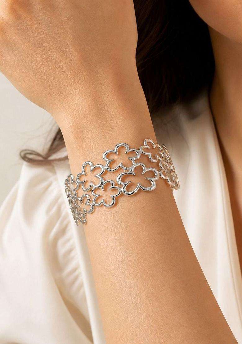 Temple Silver-Plated Cuff Bracelet for Women | Stylish Party & Everyday Wear | Gift for Her - Indya