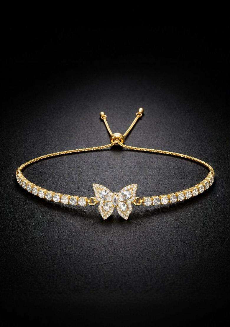 Stainless Steel Gold-Plated American Diamond Studded Link Bracelet for Women | Stylish Party & Everyday Wear | Gift for Her - Indya