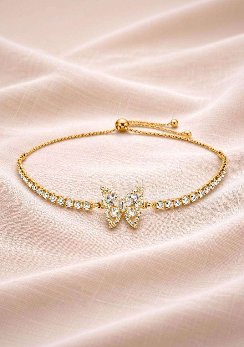 Stainless Steel Gold-Plated American Diamond Studded Link Bracelet for Women | Stylish Party & Everyday Wear | Gift for Her - Indya