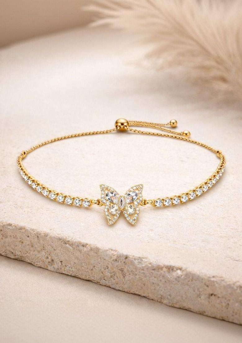 Stainless Steel Gold-Plated American Diamond Studded Link Bracelet for Women | Stylish Party & Everyday Wear | Gift for Her - Indya