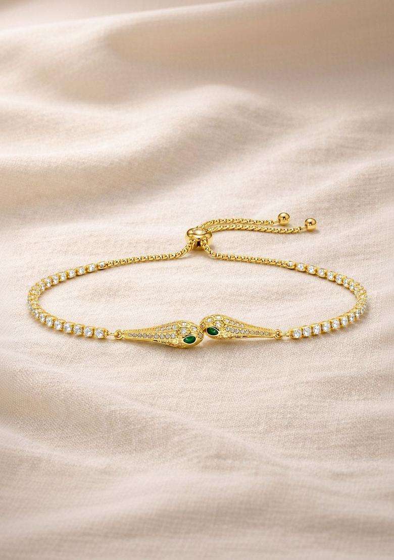 Stainless Steel Gold-Plated American Diamond Studded Link Bracelet for Women | Stylish Party & Everyday Wear | Gift for Her - Indya
