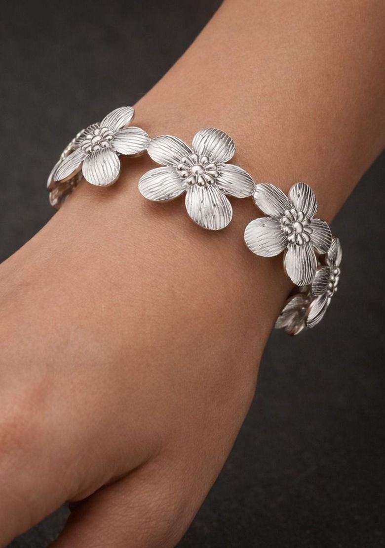 Temple Silver-Plated Cuff Bracelet for Women | Stylish Party & Everyday Wear | Gift for Her - Indya