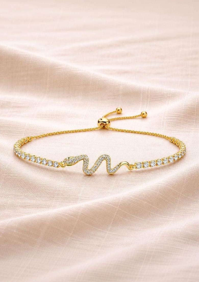 Stainless Steel Gold-Plated American Diamond Studded Link Bracelet for Women | Stylish Party & Everyday Wear | Gift for Her - Indya