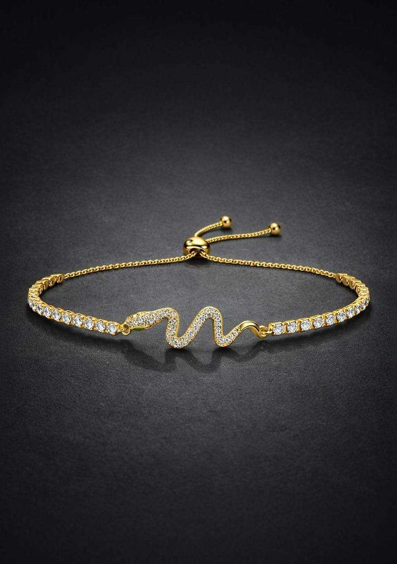 Stainless Steel Gold-Plated American Diamond Studded Link Bracelet for Women | Stylish Party & Everyday Wear | Gift for Her - Indya