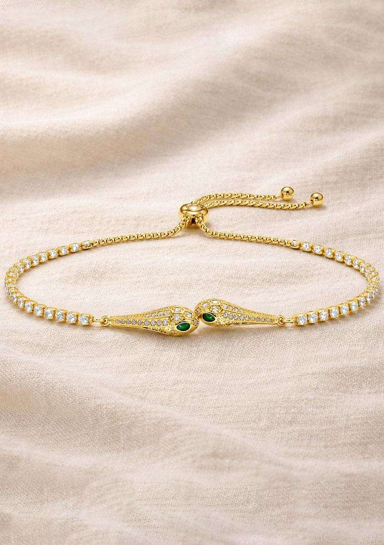 Stainless Steel Anti Tarnish American Diamond Temple Gold-Plated Link Bracelet for Women | Stylish Party & Everyday Wear | Gift for Her - Indya
