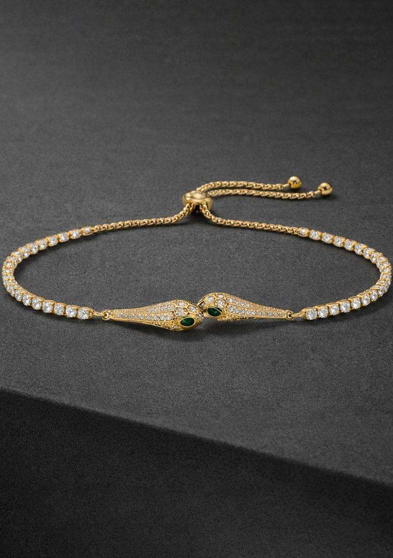 Stainless Steel Anti Tarnish American Diamond Temple Gold-Plated Link Bracelet for Women | Stylish Party & Everyday Wear | Gift for Her - Indya