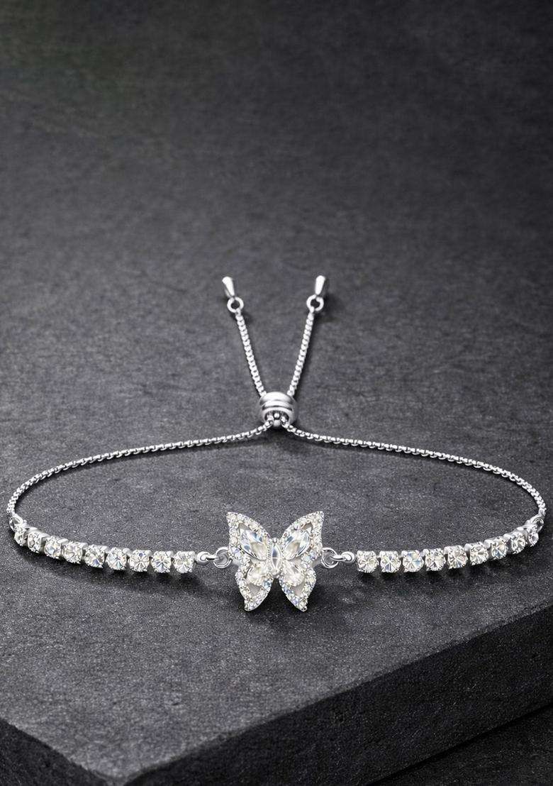 Stainless Steel Anti Tarnish American Diamond Temple Silver-Plated Link Bracelet for Women | Stylish Party & Everyday Wear | Gift for Her - Indya