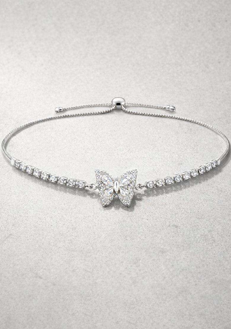 Stainless Steel Anti Tarnish American Diamond Temple Silver-Plated Link Bracelet for Women | Stylish Party & Everyday Wear | Gift for Her - Indya