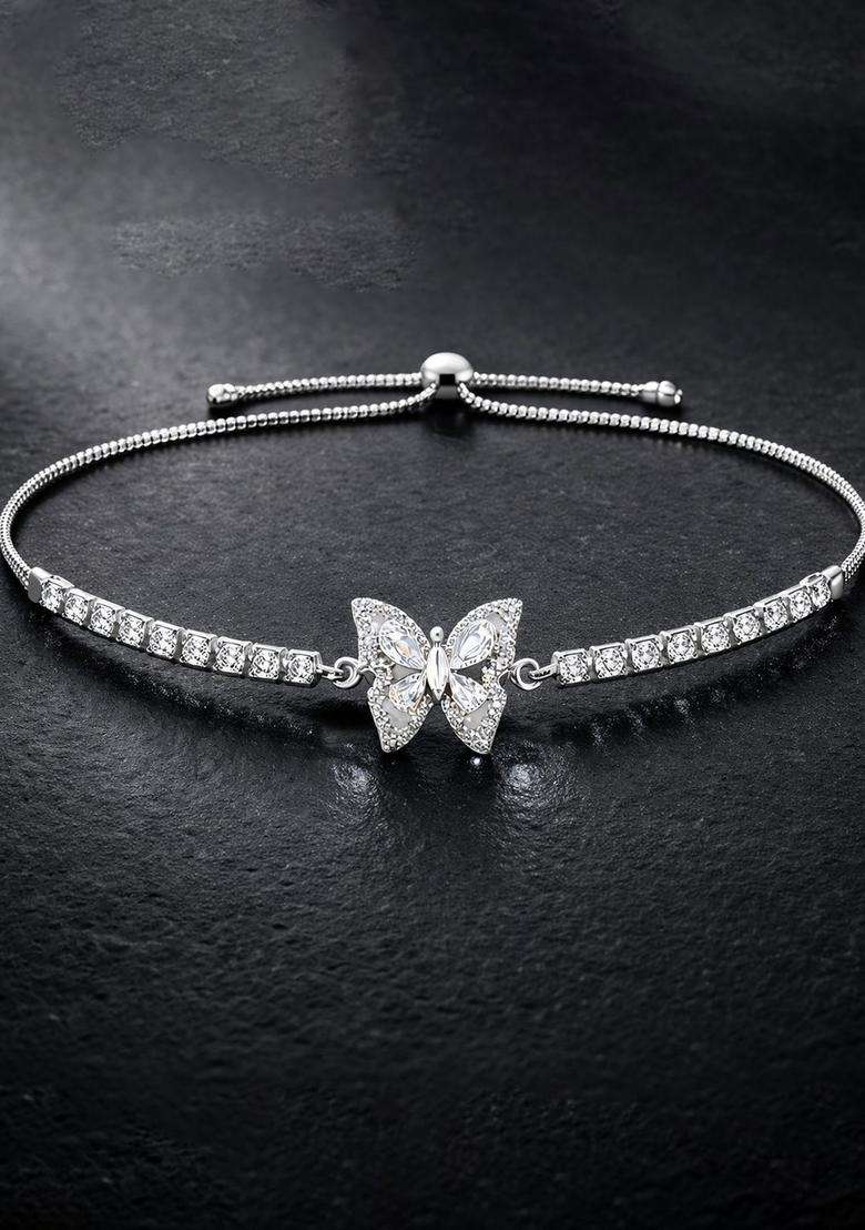 Stainless Steel Anti Tarnish American Diamond Temple Silver-Plated Link Bracelet for Women | Stylish Party & Everyday Wear | Gift for Her - Indya