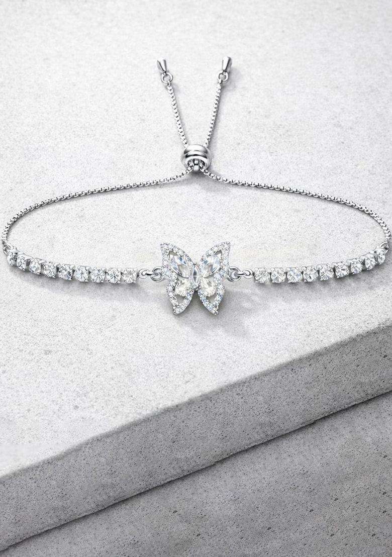 Stainless Steel Anti Tarnish American Diamond Temple Silver-Plated Link Bracelet for Women | Stylish Party & Everyday Wear | Gift for Her - Indya