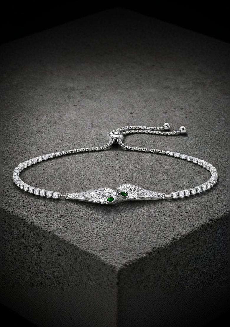 Stainless Steel Anti Tarnish American Diamond Temple Silver-Plated Link Bracelet for Women | Stylish Party & Everyday Wear | Gift for Her - Indya