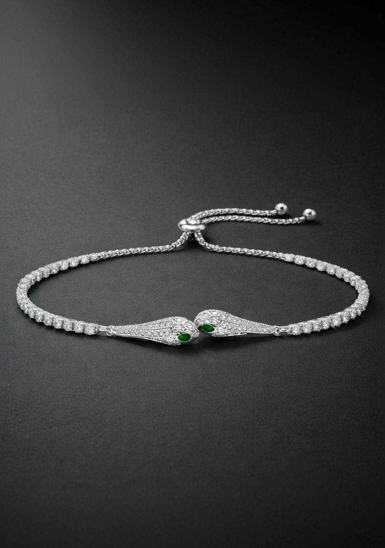 Stainless Steel Anti Tarnish American Diamond Temple Silver-Plated Link Bracelet for Women | Stylish Party & Everyday Wear | Gift for Her - Indya