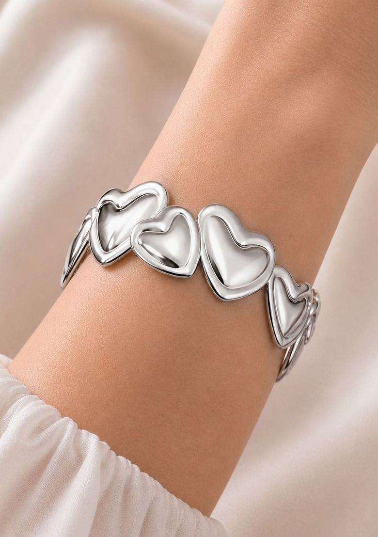 Stainless Steel Anti Tarnish American Diamond Temple Silver-Plated Cuff Bracelet for Women | Stylish Party & Everyday Wear | Gift for Her - Indya
