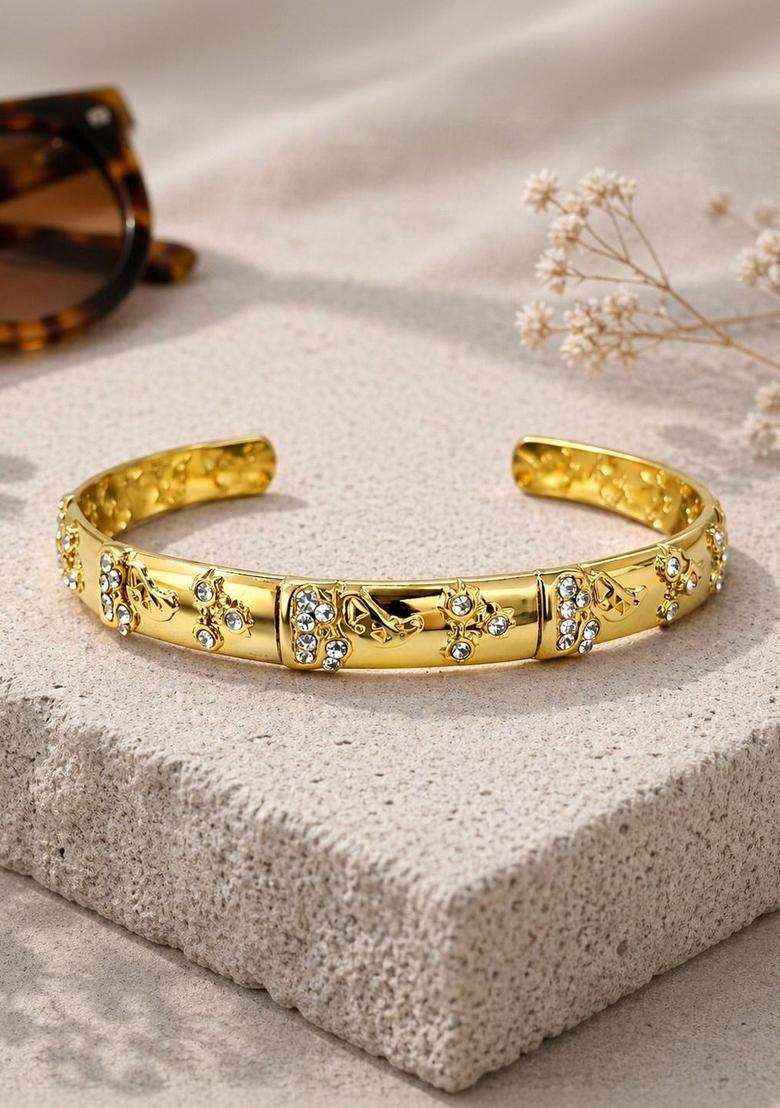 American Diamond Temple Gold-Plated Cuff Bracelet for Women | Fusion Party & Festive Wear | Gift for Her - Indya