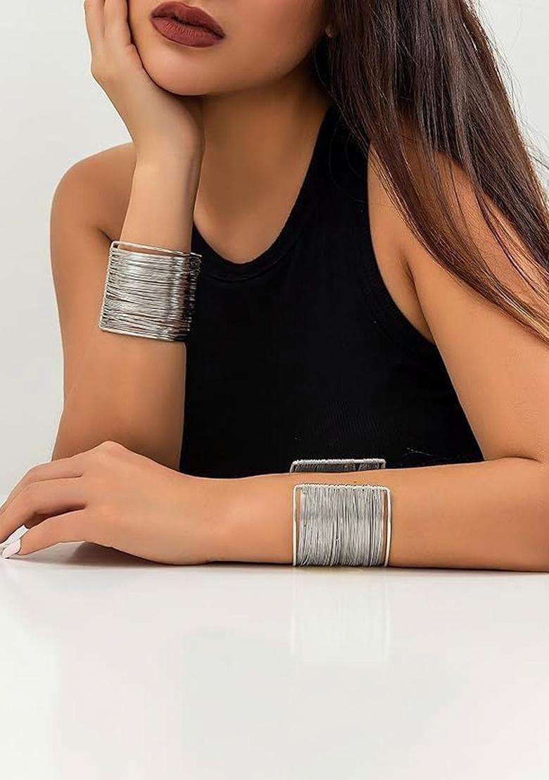 2 Temple Silver-Plated Cuff Bracelet for Women | Stylish Party & Everyday Wear | Gift for Her - Indya