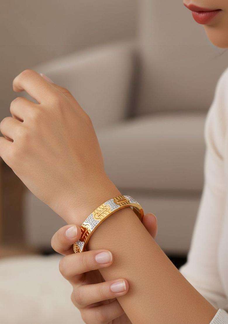 Stainless Steel Gold-Plated Cubic Zirconia Bangle-Style Bracelet for Women | Stylish Party & Everyday Wear | Gift for Her - Indya
