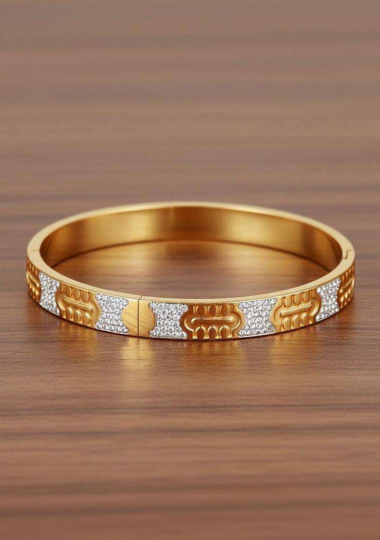Stainless Steel Gold-Plated Cubic Zirconia Bangle-Style Bracelet for Women | Stylish Party & Everyday Wear | Gift for Her - Indya