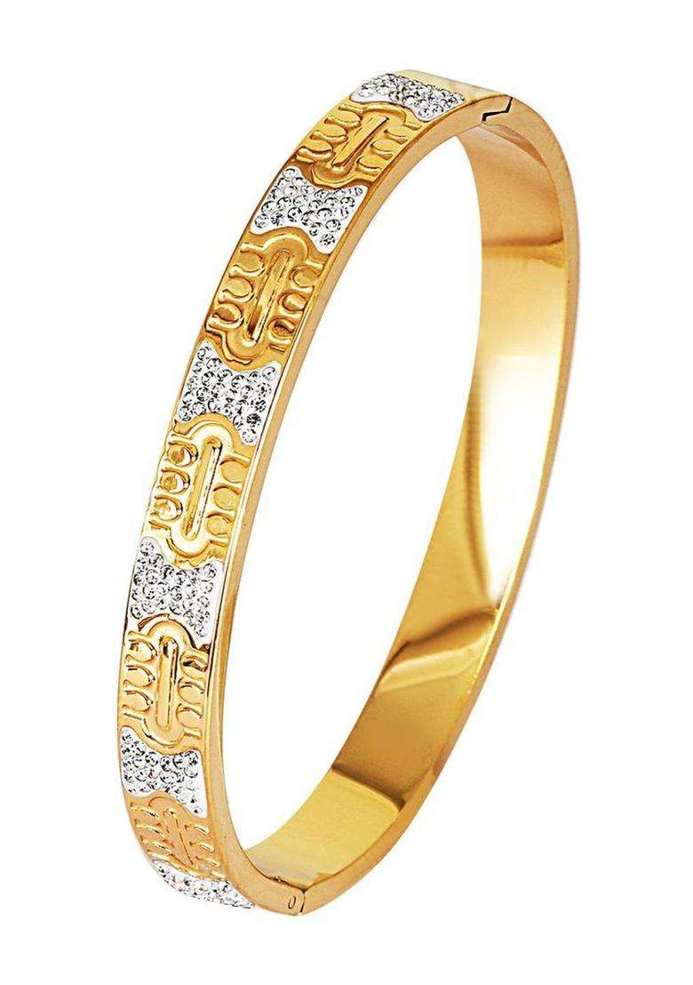 Stainless Steel Gold-Plated Cubic Zirconia Bangle-Style Bracelet for Women | Stylish Party & Everyday Wear | Gift for Her - Indya
