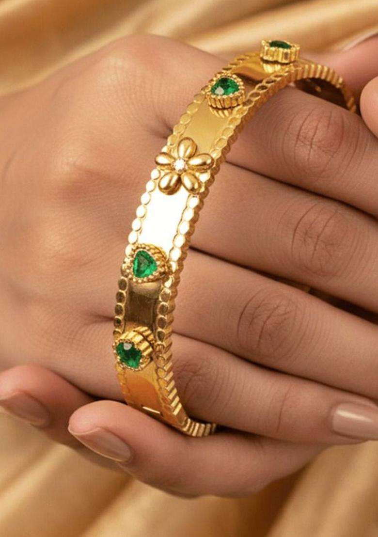 Stainless Steel Gold-Plated Cubic Zirconia Bangle-Style Bracelet for Women | Fusion Party & Festive Wear | Gift for Her - Indya