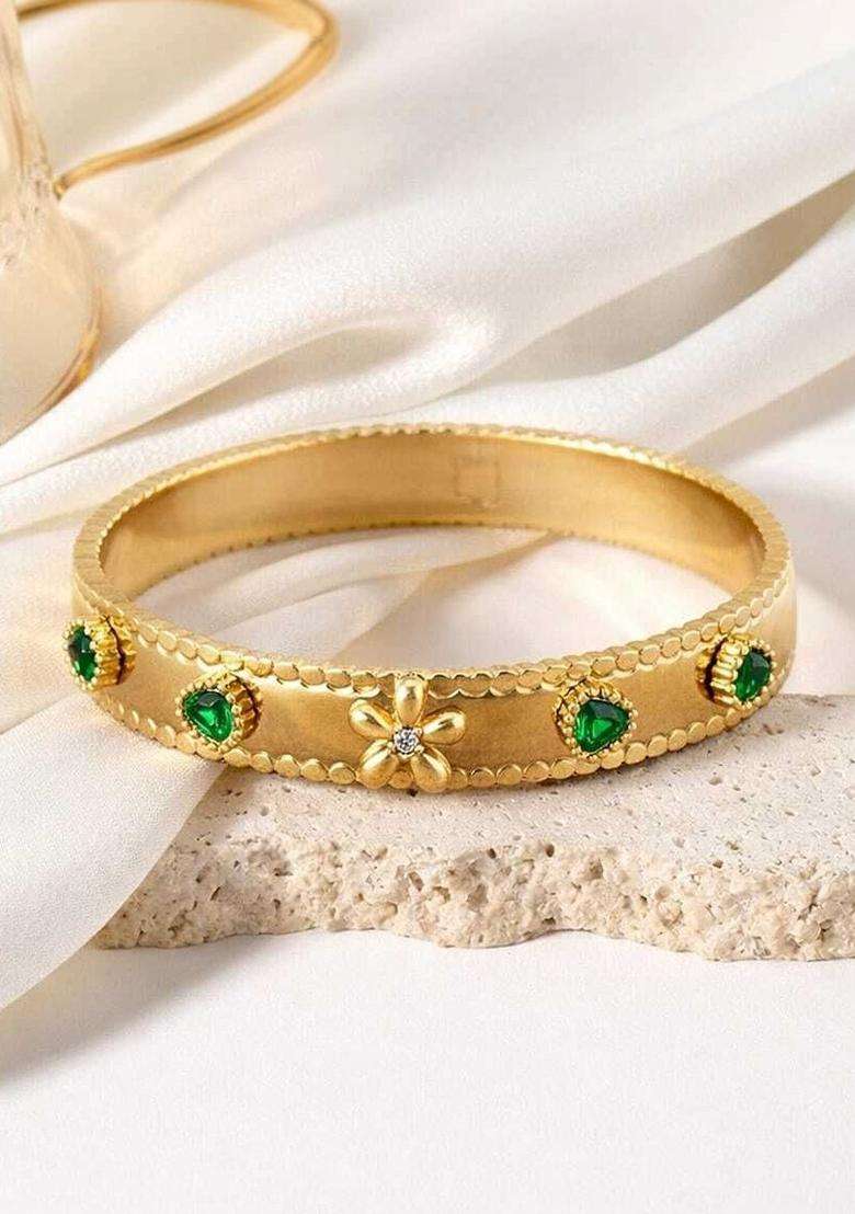 Stainless Steel Gold-Plated Cubic Zirconia Bangle-Style Bracelet for Women | Fusion Party & Festive Wear | Gift for Her - Indya