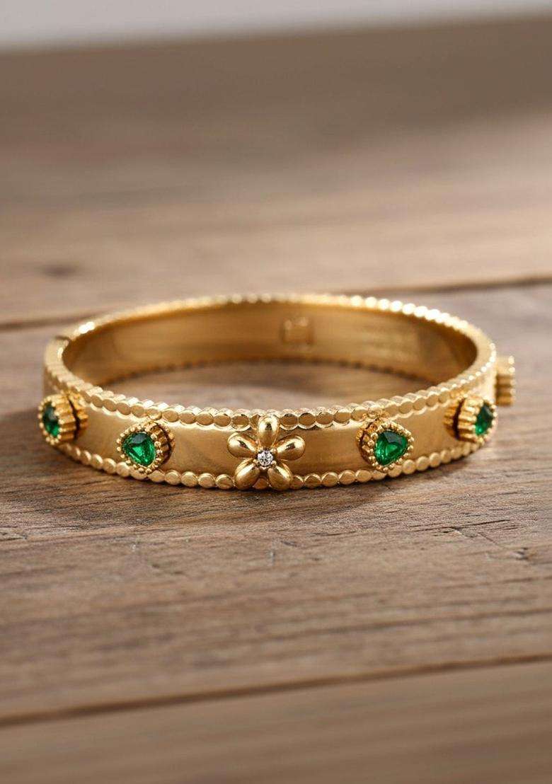 Stainless Steel Gold-Plated Cubic Zirconia Bangle-Style Bracelet for Women | Fusion Party & Festive Wear | Gift for Her - Indya