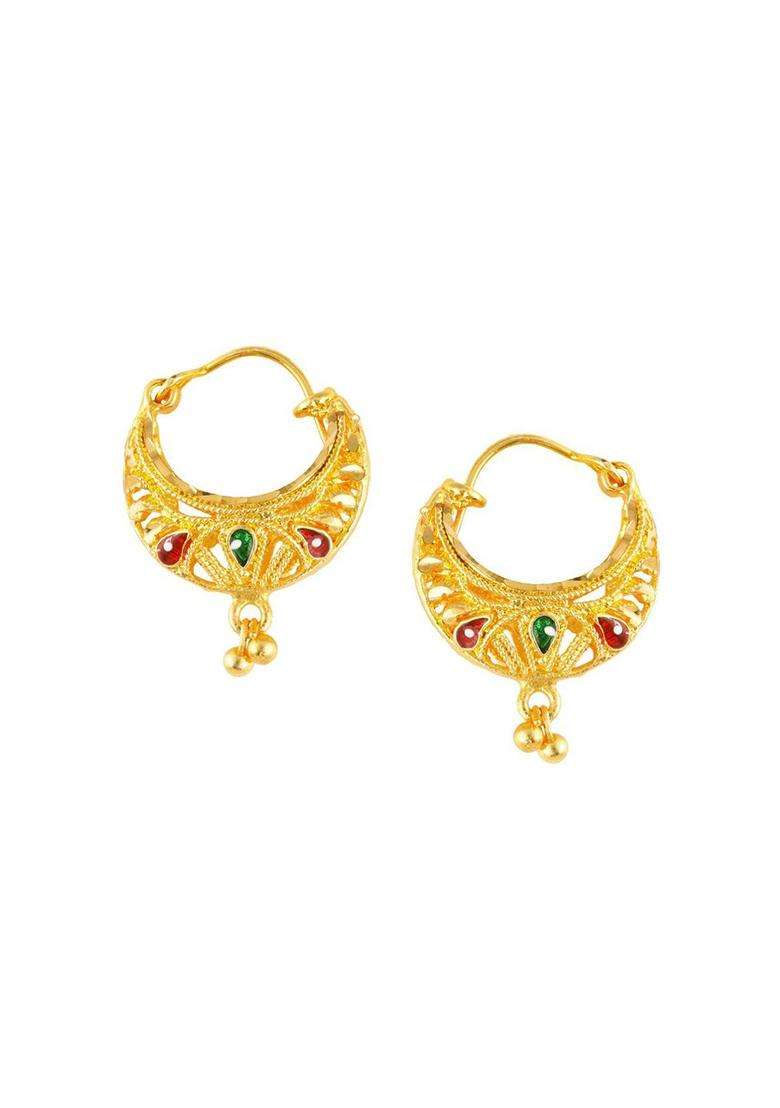 18k Gold-Plated Artificial Stones Studded & Beaded Contemporary Hoop Earrings for Women | Traditional Temple Jewellery for Wedding & Festive Wear | Gift for Her - Indya