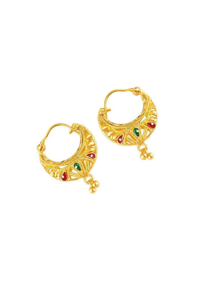 18k Gold-Plated Artificial Stones Studded & Beaded Contemporary Hoop Earrings for Women | Traditional Temple Jewellery for Wedding & Festive Wear | Gift for Her - Indya