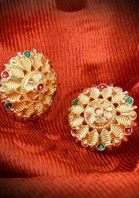 Gold-Plated Artificial Stones Studded Floral Shaped Temple Studs for Women | Traditional Temple Jewellery for Wedding & Festive Wear | Gift for Her