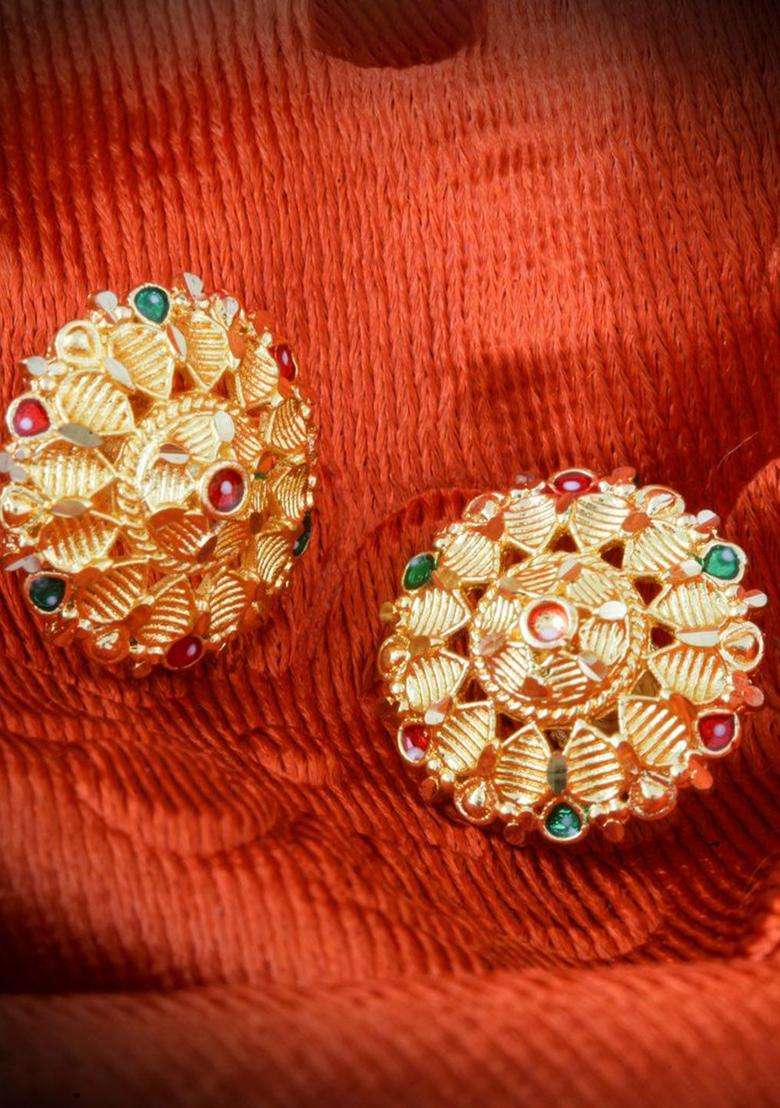 Gold-Plated Artificial Stones Studded Floral Shaped Temple Studs for Women | Traditional Temple Jewellery for Wedding & Festive Wear | Gift for Her - Indya