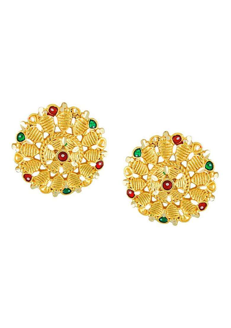 Gold-Plated Artificial Stones Studded Floral Shaped Temple Studs for Women | Traditional Temple Jewellery for Wedding & Festive Wear | Gift for Her - Indya