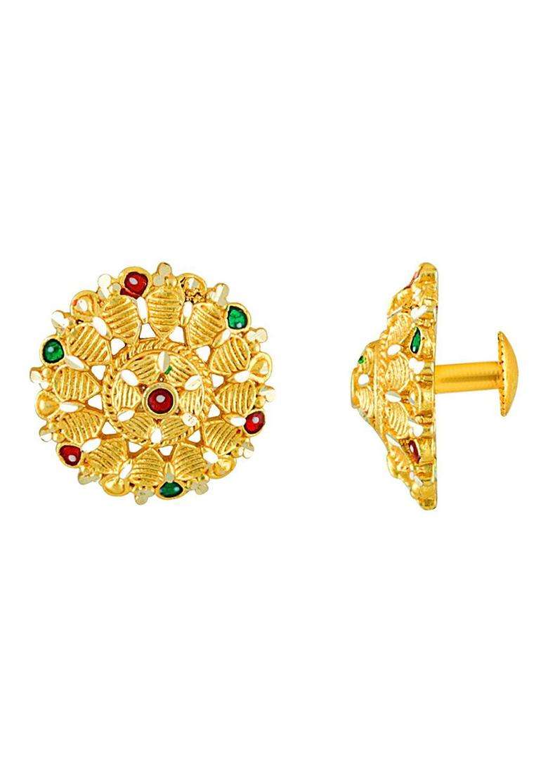 Gold-Plated Artificial Stones Studded Floral Shaped Temple Studs for Women | Traditional Temple Jewellery for Wedding & Festive Wear | Gift for Her - Indya