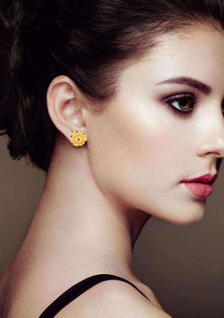 Gold-Plated Artificial Stones Studded Floral Shaped Temple Studs for Women | Traditional Temple Jewellery for Wedding & Festive Wear | Gift for Her - Indya