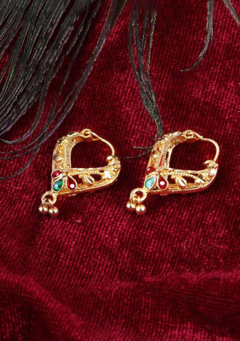 Set of 2 Gold-Plated Circular Stone Studded Hoop Earrings for Women | Traditional Temple Jewellery for Wedding & Festive Wear | Gift for Her - Indya