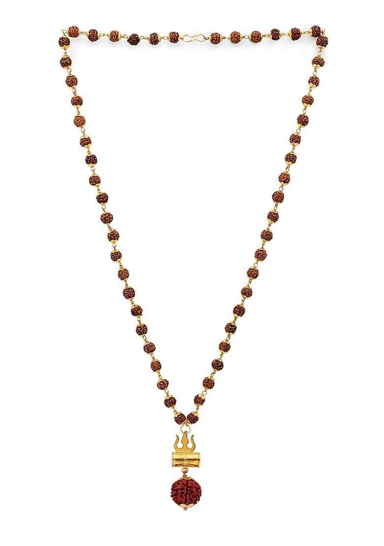 Gold-Plated Shiva Damroo Trishool Rudraksha Beaded Necklace for Men & Women | Traditional Temple Jewellery for Wedding & Festive Wear | Festive Gift - Indya