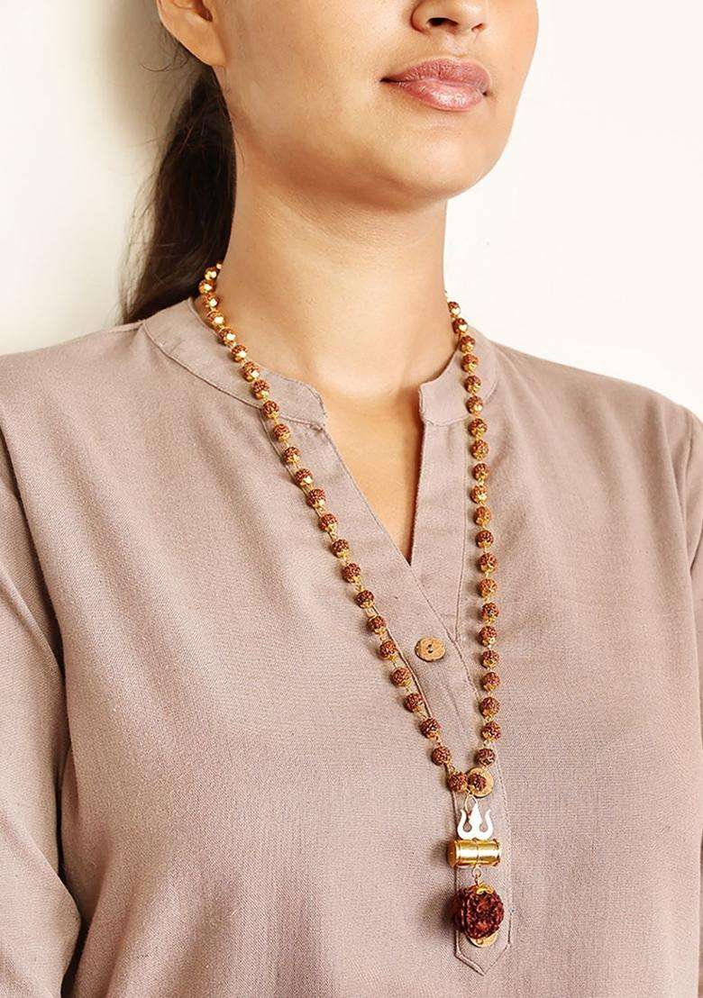 Gold-Plated Shiva Damroo Trishool Rudraksha Beaded Necklace for Men & Women | Traditional Temple Jewellery for Wedding & Festive Wear | Festive Gift - Indya