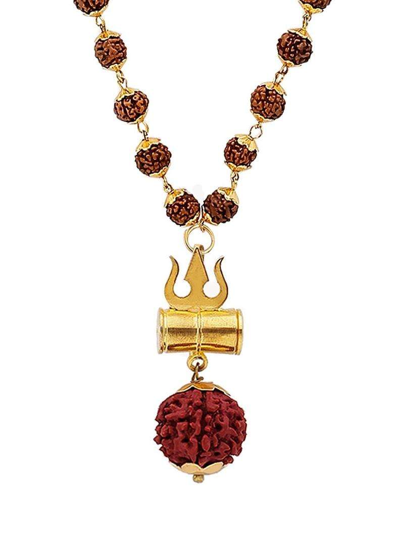 Gold-Plated Shiva Damroo Trishool Rudraksha Beaded Necklace for Men & Women | Traditional Temple Jewellery for Wedding & Festive Wear | Festive Gift - Indya