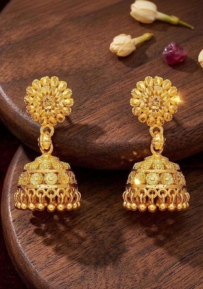 Gold-Plated Floral Jhumkas Earrings for Women | Traditional Temple Jewellery for Wedding & Festive Wear | Gift for Her - Indya