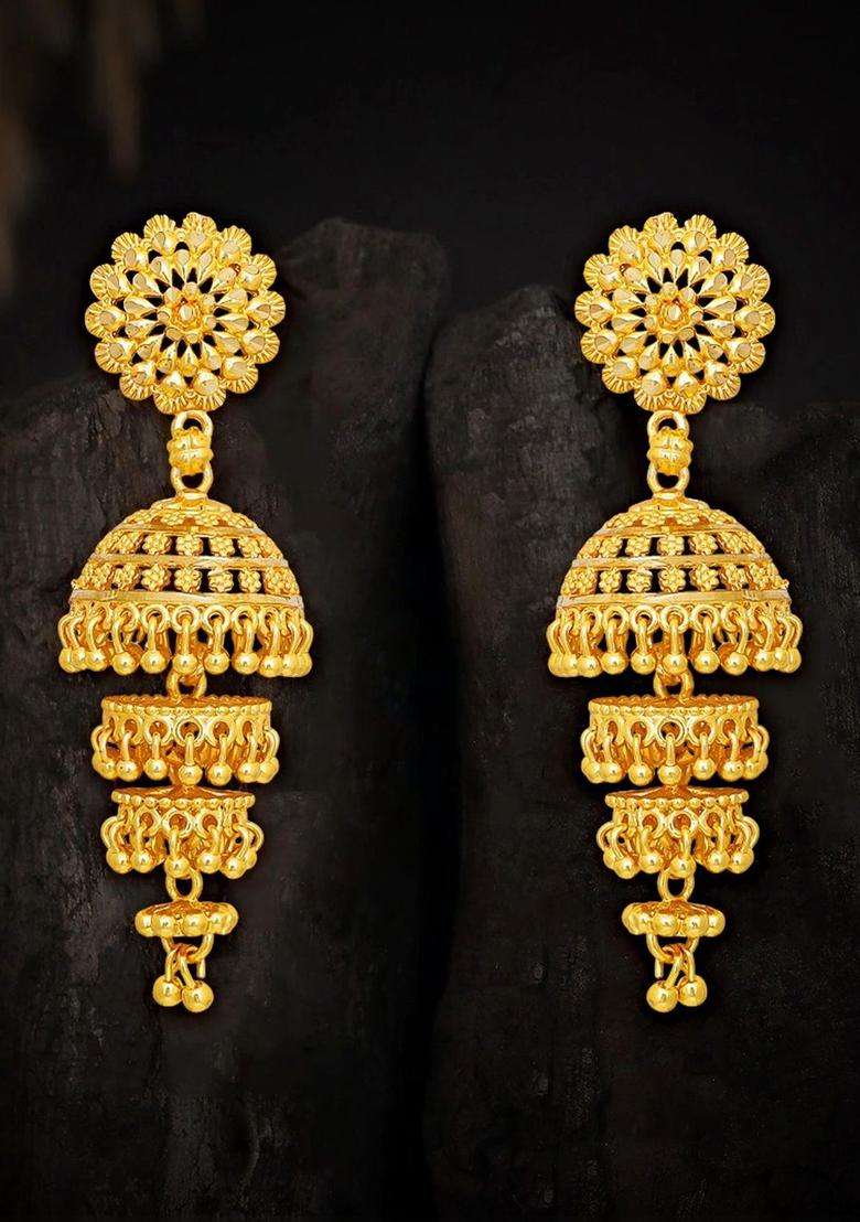 Gold-Plated Floral Jhumkas Earrings for Women | Traditional Temple Jewellery for Wedding & Festive Wear | Gift for Her - Indya