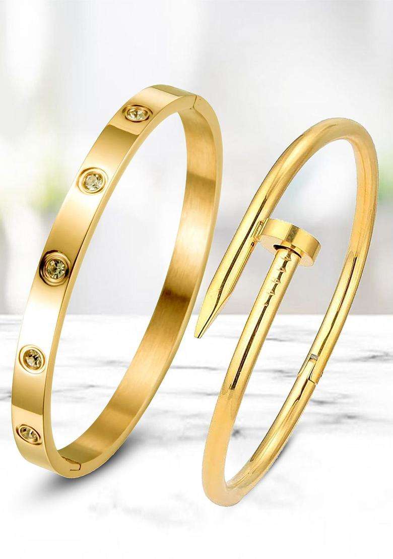 Rose Gold-Plated Set of 2 Gold-Plated American Diamond Studded Kada Bracelet for Women | Stylish Party & Everyday Wear | Gift for Her - Indya
